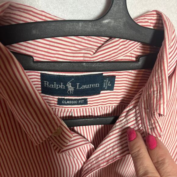 Ralph Lauren Men's Size Large L Red & White Striped Short Sleeve Shirt - Picture 2 of 7